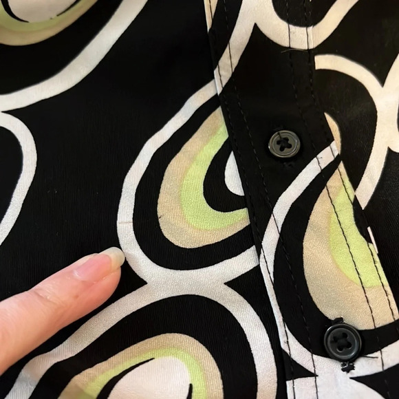 Cato Retro Pattern Button Up Blouse 22W 24W Black Tan Lime Green Circles Collar - Picture 8 of 9